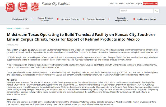 Screen of the article 'BTB Refining Operating to Build Transload Facility on Kansas City Southern Line in Corpus Christi, Texas for Export of Refined Products into Mexico'
