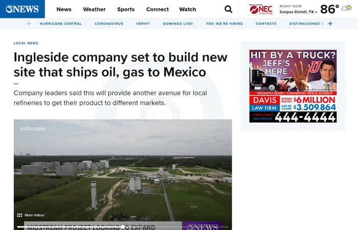 Screen of the article 'Ingleside company set to build new site that ships oil, gas to Mexico'